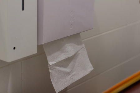 White paper towel dispenser mounted on a tiled wall, promoting hand hygiene and cleanliness in public restrooms. Essential for maintaining sanitation and preventing the spread of germs.の写真素材