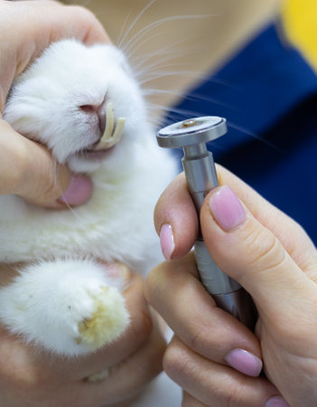 A veterinarian performs a dental procedure on a white rabbit, trimming its overgrown teeth with a specialized instrument at a veterinary clinic, ensuring the animals dental health is maintained.の写真素材