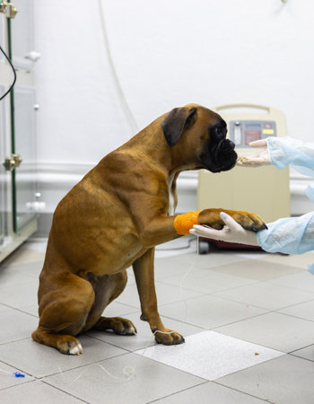 A dog trustingly gives its injured paw to a veterinarian A veterinarian wearing gloves examines and bandages the injured paw of a boxer dog, providing assistance and treatment in a veterinary clinic.の写真素材