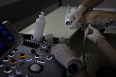 Veterinarians perform an ultrasound examination of a dogs heart in a veterinary clinic, using...