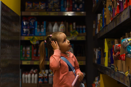 A pretty little girl chooses what to buy in a supermarket, holding her hand near her head, looking at the shelves, making a decision about what to buy. The child chooses the goods in the supermarket.の写真素材