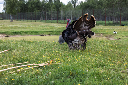 A beautiful large turkey walks along the lawn. A large turkey, demonstrating his bloated feathers for the tail, walking along the green meadow, creating a charming scene of the beauty of nature.の写真素材