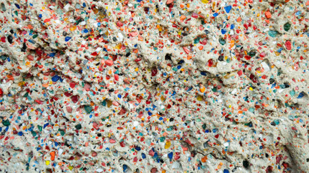 Close-up view of a concrete wall showcasing colorful glass fragments embedded within the surface, forming a vibrant mosaic-like texture that adds visual interest and artistic flair.の写真素材