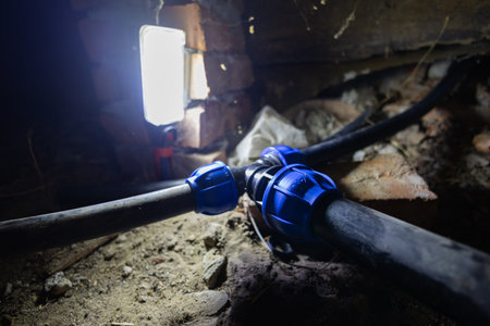 Repair of basement plumbing pipes. Installation of new plastic compression fittings on old plumbing...