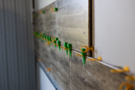 Applying plastic leveling wedges and clips between new ceramic wall tiles to ensure a smooth, even, professional finish during interior renovation and tile installation work.の写真素材