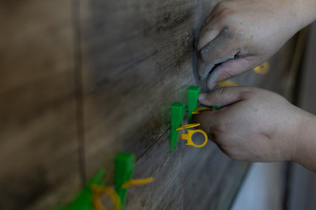 Laying wall tiles. The hands of a worker laying new ceramic tiles on a wall using a leveling system...