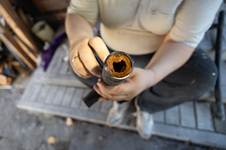 A man holds a section of an old water pipe with visible traces of rust and mineral deposits that reduce the internal diameter and impede water flow An old water pipe with limescale and rust deposits.の写真素材