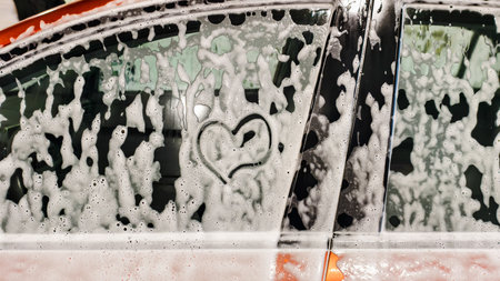 A car window covered in heart-shaped foam. A playful romantic gesture drawn in the foam during a car wash. Soft reflections of trees and sky, textured bubbles on the glass.の写真素材