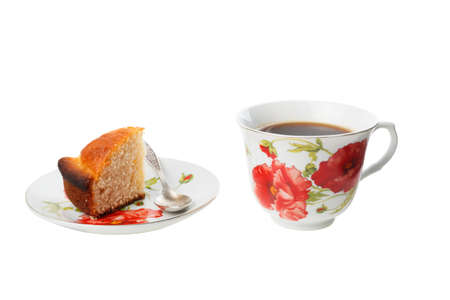 Isolated a Cup of hot black coffee with homemade cakes on the porcelain plateの写真素材