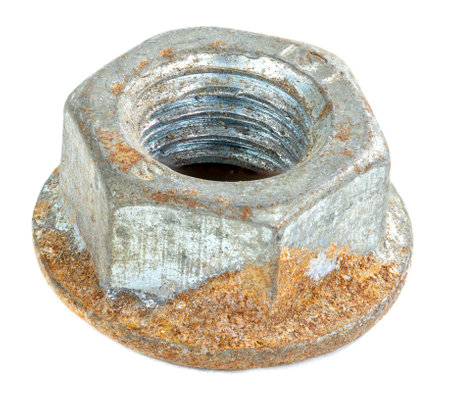 Rusty nut on a white backgroundの写真素材