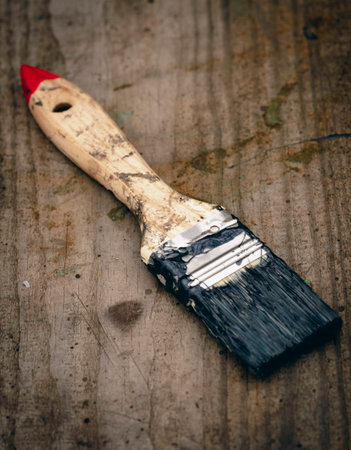 Brush covered with paint on a wooden backgroundの写真素材