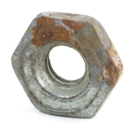 Rusty nut on a white backgroundの写真素材