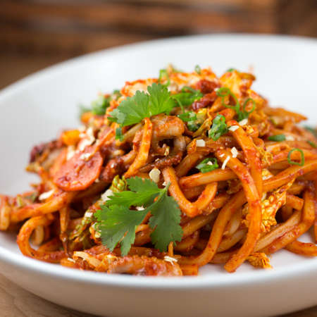 Spicy baby octopus stir fry with udon noodlesの写真素材