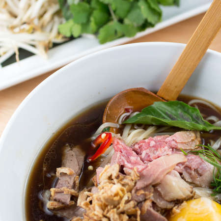 Beef Pho. Smoked Rare Brisket
Crispy Shallot, Scallion, Roasted Garlic Sauce and Rice Noodles and raw eggの写真素材