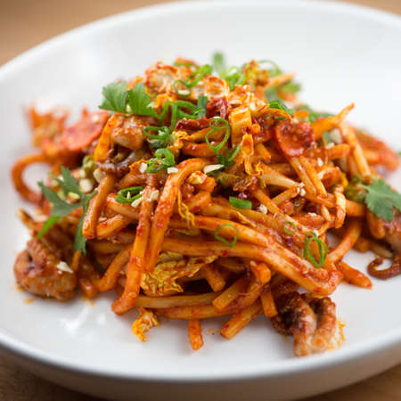 Spicy baby octopus stir fry with udon noodlesの写真素材