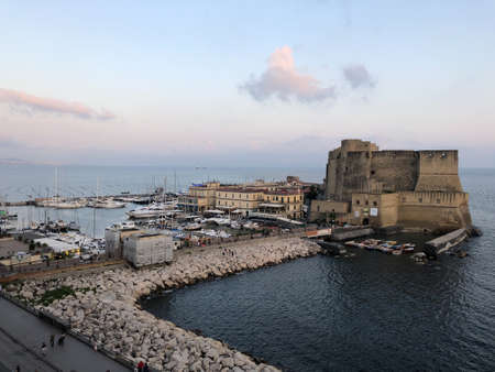 Views of Castel dell'Ovo (in English, Egg Castle)  on the Gulf of Naples in Italy.のeditorial素材