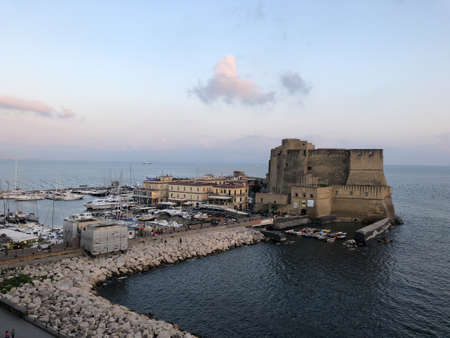 Views of Castel dell'Ovo (in English, Egg Castle)  on the Gulf of Naples in Italy.のeditorial素材