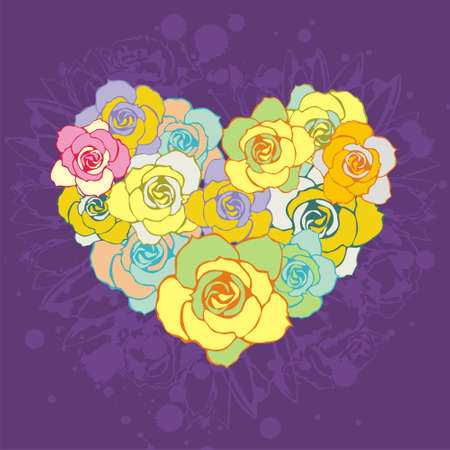 postcard with heart which consist of colorful flowers. Vector illustrationのイラスト素材