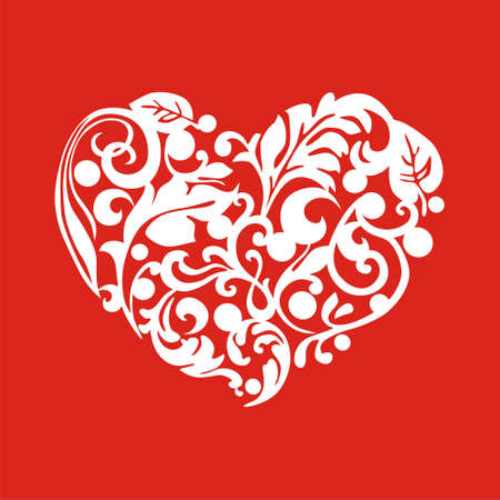 postcard with heart which consist of white patterns on red background. Vector illustrationのイラスト素材