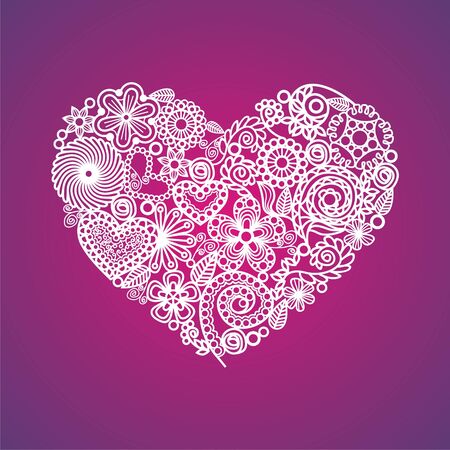 postcard with heart which consist of white patterns on violet background. Vector illustrationのイラスト素材