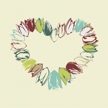 postcard with heart which consist of colorful tulips  のイラスト素材