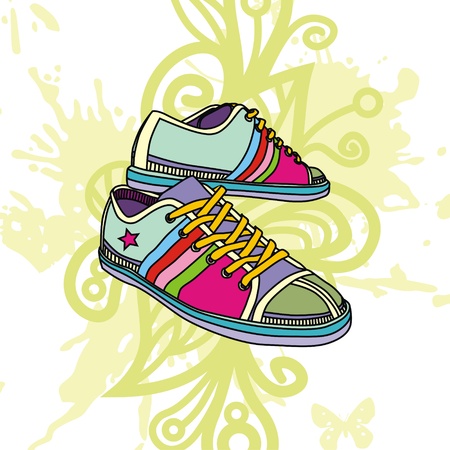 Colorful image of fashion sneakers on floral background. Vector illustrationのイラスト素材