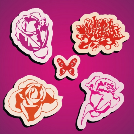 vector flowers stickers on pink background. Vector illustrationのイラスト素材