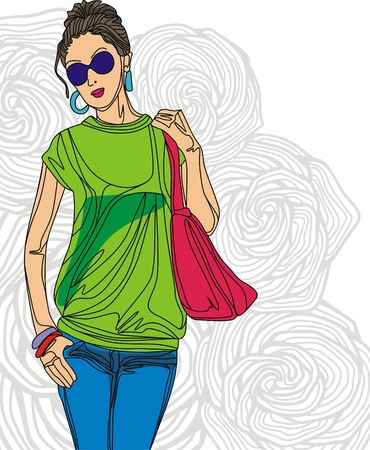 Image of fashion girl on floral background. Vector illustrationのイラスト素材