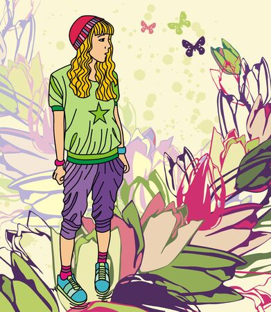 Colorful image with fashion sport girl on floral background. Vector illustrationのイラスト素材
