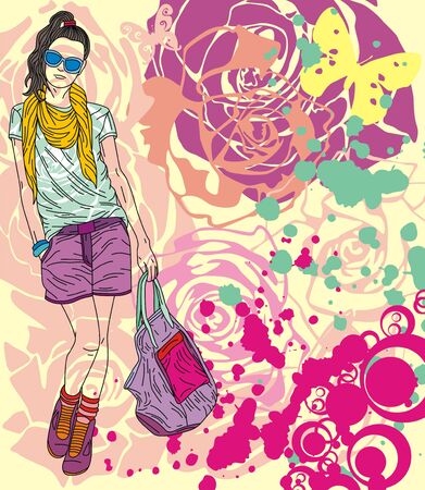 Colorful image with fashion girl on floral background. Vector illustrationのイラスト素材