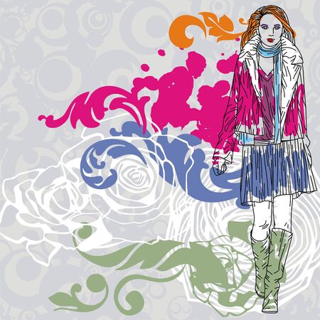 Colorful image with fashion girl on floral background. Vector illustrationのイラスト素材
