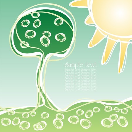 Postcard with green tree and sun. Vector illustration.のイラスト素材