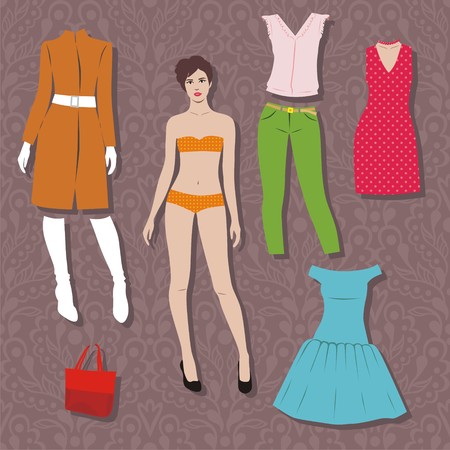 paper doll with set of cloths for cut. Vector illustrationのイラスト素材