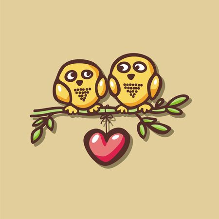 owls fall in love on the branch. Vector illustrationのイラスト素材