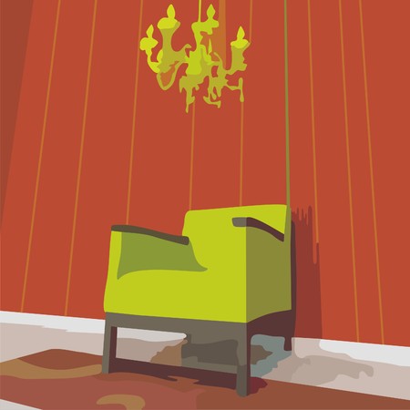 green chair stand against the red wall. Vector illustration.のイラスト素材