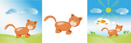 The illustration "Cat" can be used as a print for printing on fabric or paper. Emotions illustration: cheerful cat, bright, childish, smile, dreams.のイラスト素材