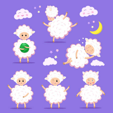 Set of fluffy sheep stickers for design, printing, social networksのイラスト素材