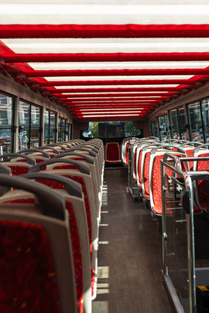 Interior of a bus with red seats and red roof, DÃ¼sseldorf Germanyの写真素材