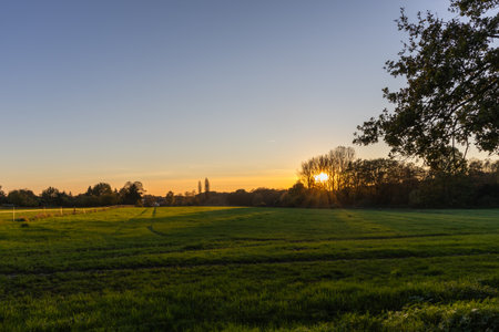 Sunset over a field with trees in the foreground and a church in the backgroundの写真素材