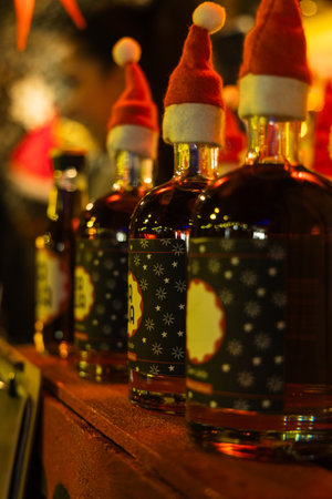 bottles of alcohol and Christmas decorations at the fairの写真素材