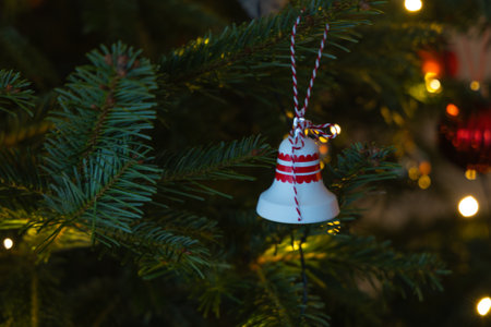 Christmas decoration on the branches of a Christmas tree. New Year background