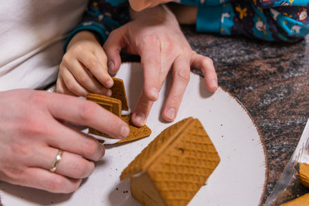 Close-up of a woman decorating gingerbread cookies in the kitchenの写真素材