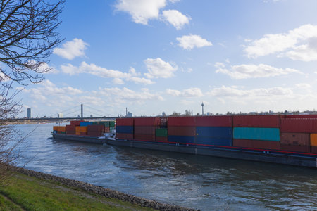 Container ship on the river Elbe in Hamburg harbor, Germany.