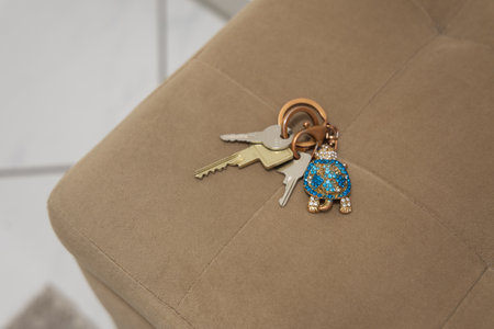 Bunch of keys with a keychain on a brown leather sofa.