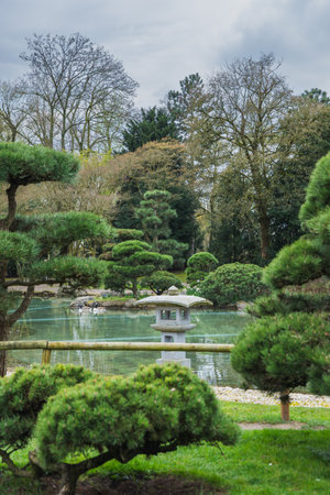 Japanese garden with a pond in the foreground and trees in the backgroundの写真素材