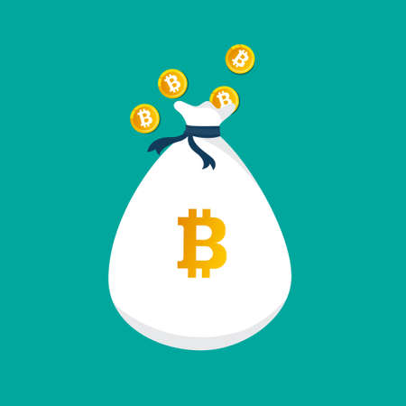 Bag full with bitcoin. Vector icon of bags with bitcoins on a green background. Vector illustration. Flat design for business financial marketing banking advertisement web concept cartoon illustrationのイラスト素材