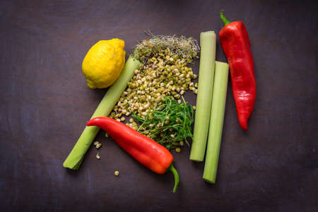 Vegan, detox green Buddha bowl recipe. organic raw fresh various microgreens for healthy salad,...