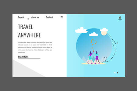 Time to travel banner. Travel around the world. Vector illustration of a lesbian couple with pink heart in hand.のイラスト素材
