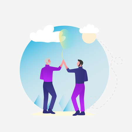 Vector illustration of a gay couple with purple heart in hand. Love concept, Valentine's day background. vector illustration. Wallpaper, invitation, posters.のイラスト素材