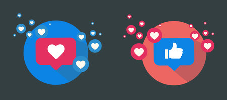 Like and Love icons. Thumbs up and heart, social media icon. Vector illustration with background.